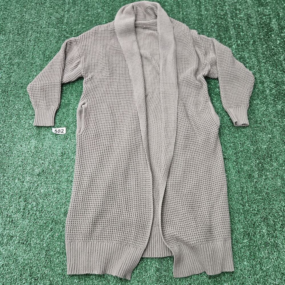 Lillusory Greige Knitted Pockets Open Front Long Cardigan Sweater Size Medium
